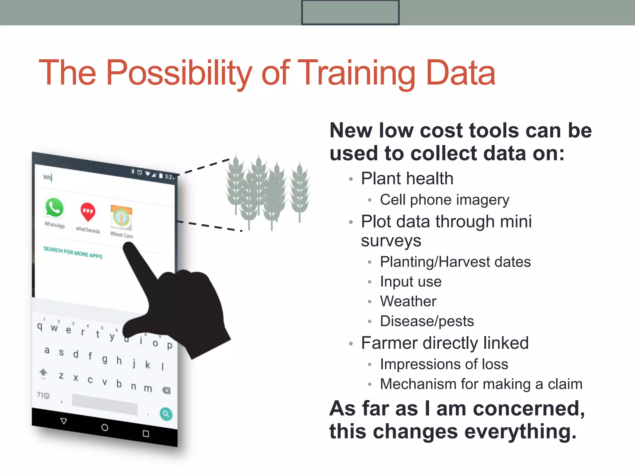 The Possibility of Training Data
New low cost tools can be
used to collect data on:
• Plant health
• Cell phone imagery
• Plot data through mini
surveys
• Planting/Harvest dates
• Input use
• Weather
• Disease/pests
• Farmer directly linked
• Impressions of loss
• Mechanism for making a claim
As far as I am concerned,
this changes everything.
 