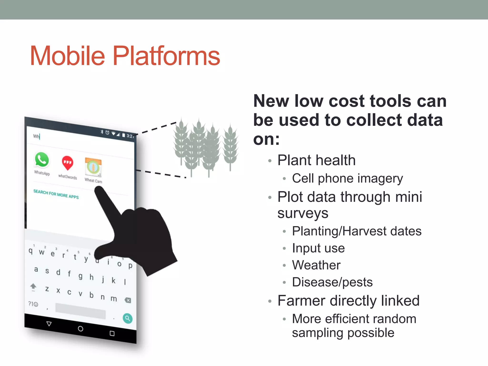 Mobile Platforms
New low cost tools can
be used to collect data
on:
• Plant health
• Cell phone imagery
• Plot data through mini
surveys
• Planting/Harvest dates
• Input use
• Weather
• Disease/pests
• Farmer directly linked
• More efficient random
sampling possible
 