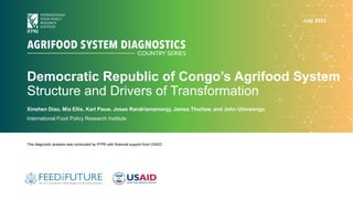 Democratic Republic of Congo’s Agrifood System
Structure and Drivers of Transformation
Xinshen Diao, Mia Ellis, Karl Pauw, Josee Randriamamonjy, James Thurlow, and John Ulimwengu
International Food Policy Research Institute
This diagnostic analysis was conducted by IFPRI with financial support from USAID.
July 2023
 