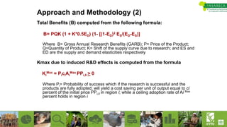 Approach and Methodology (2)
Total Benefits (B) computed from the following formula:
B= PQK (1 + K*0.5ED) (1- [(1-ED)2 ES/(ED-ES)]
Where B= Gross Annual Research Benefits (GARB); P= Price of the Product;
Q=Quantity of Product; K= Shift of the supply curve due to research; and ES and
ED are the supply and demand elasticities respectively
Kmax due to induced R&D effects is computed from the formula
Ki
Max = PiciAi
Max PPi,0 > 0
Where Pi= Probability of success which if the research is successful and the
products are fully adopted; will yield a cost saving per unit of output equal to ci
percent of the initial price PPi,0 in region i; while a ceiling adoption rate of Ai Max
percent holds in region i
 