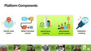 Platform Components
SPATIAL DATA
system
IMPACT PATHWAY
analysis
BIOPHYSICAL
modeling
BIOECONOMY
ex-ante analysis
FORESIGHT
modeling
 