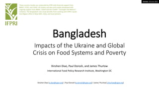 Version: 18 June 2022
Bangladesh
Impacts of the Ukraine and Global
Crisis on Food Systems and Poverty
Xinshen Diao, Paul Dorosh, and James Thurlow
International Food Policy Research Institute, Washington DC
These country studies are conducted by IFPRI with financial support from
BMGF, FCDO, and USAID. All studies use data and models developed with
ongoing support from BMGF, USAID and the CGIAR’s “Foresight and Metrics”
initiative. The Bangladesh case study benefits from working with IFPRI’s South
Asia Region office in New Delhi, India, and local partners.
Xinshen Diao (x.diao@cgiar.org) | Paul Dorosh (p.dorosh@cgiar.org) | James Thurlow (j.thurlow@cgiar.org)
 