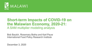 Short-term Impacts of COVID-19 on
the Malawian Economy, 2020-21:
A SAM multiplier modeling analysis
Bob Baulch, Rosemary Botha and Karl Pauw
International Food Policy Research Institute
December 3, 2020
 