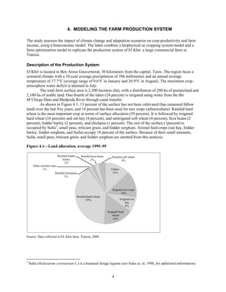 4. MODELING THE FARM PRODUCTION SYSTEM

The study assesses the impact of climate change and adaptation scenarios on crop productivity and farm
income, using a bioeconomic model. The latter combine a biophysical or cropping system model and a
farm optimization model to replicate the production system of El Khir, a large commercial farm in
Tunisia.

Description of the Production System
El Khir is located in Ben Arous Gouvernorat, 30 kilometers from the capital, Tunis. The region faces a
semiarid climate with a 10-year average precipitation of 386 millimeters and an annual average
temperature of 17.7°C (average range of 9.6°C in January and 26.9°C in August). The maximum crop-
atmosphere water deficit is attained in July.
         The total farm surface area is 2,300 hectares (ha), with a distribution of 200 ha of pastureland and
2,100 ha of arable land. One-fourth of the latter (24 percent) is irrigated using water from the Bir
M’Chirga Dam and Medjerda River through canal transfer.
         As shown in Figure 4.1, 13 percent of the surface has not been cultivated (has remained fallow
land) over the last five years, and 14 percent has been used for tree crops (arboriculture). Rainfed hard
wheat is the most important crop in terms of surface allocation (39 percent). It is followed by irrigated
hard wheat (16 percent) and oat hay (8 percent), and unirrigated soft wheat (4 percent), fava beans (2
percent), fodder barley (2 percent), and chickpea (1 percent). The rest of the surface (1percent) is
occupied by Sulla 2, small peas, triticum grain, and fodder sorghum. Animal feed crops (oat hay, fodder
barley, fodder sorghum, and Sulla) occupy 10 percent of the surface. Because of their small amounts,
Sulla, small peas, triticum grain, and fodder sorghum are omitted from this analysis.

Figure 4.1—Land allocation, average 1995–99

                         Rainfed fodder      Rainfed fava beans       Rainfed soft wheat
                             barley                 2%                       4%
                              2%
      Other rainfed crops
              1%                                                     Fallow
                        Rainfed chickpeas                             13%
                               1%



                                                                      Irrigated trre crops
                                                                              14%
                                          Rainfed hard wheat
                                                 39%                          Irrigated oat
                                                                                   hay
                                                                                   8%
                                                                  Irrigated hard
                                                                       wheat
                                                                       16%




Source: Data collected at EL Khir farm, Tunisia, 2000.




2
    Sulla (Hedysarum coronarium L.) is a biennual forage legume (see Sulas et. al, 1998, for additional information).


                                                                     4
 