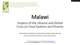 Version: 20 June 2022
Malawi
Impacts of the Ukraine and Global
Crisis on Food Systems and Poverty
Xinshen Diao, Paul Dorosh, Jan Duchoslav, Karl Pauw, James Thurlow
International Food Policy Research Institute, Washington DC
These country studies are conducted by IFPRI with financial support from
BMGF, FCDO, and USAID. All studies use data and models developed with
ongoing support from BMGF, USAID and the CGIAR’s “Foresight and Metrics”
initiative. The Malawi case study benefitted from working with IFPRI’s Malawi
country program and national partners.
Karl Pauw (k.pauw@cgiar.org) | Paul Dorosh (p.dorosh@cgiar.org) |
Jan Duchoslav (J.Duchoslav@cgiar.org) | James Thurlow (j.thurlow@cgiar.org)
 