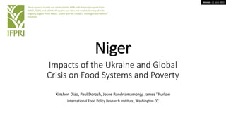 Version: 12 June 2022
Niger
Impacts of the Ukraine and Global
Crisis on Food Systems and Poverty
Xinshen Diao, Paul Dorosh, Josee Randriamamonjy, James Thurlow
International Food Policy Research Institute, Washington DC
These country studies are conducted by IFPRI with financial support from
BMGF, FCDO, and USAID. All studies use data and models developed with
ongoing support from BMGF, USAID and the CGIAR’s “Foresight and Metrics”
initiative.
 