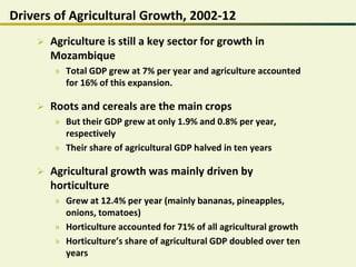 Drivers of Agricultural Growth, 2002-12
 Agriculture is still a key sector for growth in
Mozambique
» Total GDP grew at 7% per year and agriculture accounted
for 16% of this expansion.
 Roots and cereals are the main crops
» But their GDP grew at only 1.9% and 0.8% per year,
respectively
» Their share of agricultural GDP halved in ten years
 Agricultural growth was mainly driven by
horticulture
» Grew at 12.4% per year (mainly bananas, pineapples,
onions, tomatoes)
» Horticulture accounted for 71% of all agricultural growth
» Horticulture’s share of agricultural GDP doubled over ten
years
 