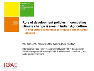 Role of development policies in combating
climate change issues in Indian Agriculture
- A first order assessment of irrigation and fertilizer
policies
P.K. Joshi1, P.K. Aggarwal2, N.K. Tyagi3 & Divya Pandey1
International Food Policy Research Institute (IFPRI)1, International
Water Management Institute (IWMI)2 & Independent consultant (Land,
water and environment)3
 