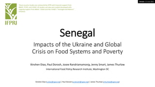 Version: 15 June 2022
Senegal
Impacts of the Ukraine and Global
Crisis on Food Systems and Poverty
Xinshen Diao, Paul Dorosh, Josee Randriamamonjy, Jenny Smart, James Thurlow
International Food Policy Research Institute, Washington DC
These country studies are conducted by IFPRI with financial support from
BMGF, FCDO, and USAID. All studies use data and models developed with
ongoing support from BMGF, USAID and the CGIAR’s “Foresight and Metrics”
initiative.
Xinshen Diao (x.diao@cgiar.org) | Paul Dorosh (p.dorosh@cgiar.org) | James Thurlow (j.thurlow@cgiar.org)
 