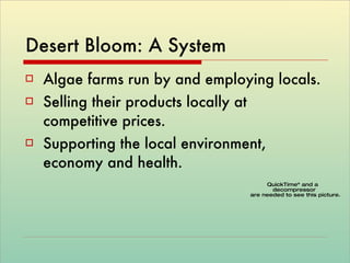 Desert Bloom: A System Algae farms run by and employing locals. Selling their products locally at competitive prices. Supporting the local environment, economy and health.  