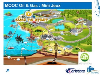 18
Intérêt d’un Serious Game dans un MOOC ?
 Centré sur les étudiants: ils sont au centre du jeu
 Les problèmes posés sont plus complexes
• Simulateur de raffinage
• Simulateur banc d’essai moteur
 ↑ Motivation et ↑ taux de complétion
 Activités interactives
• actions réalistes – ex. ouverture de vannes
 Apprentissage par “essais et erreurs”: tentatives illimitées
 Développement de compétences: “Learning by doing”
 