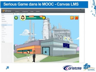 19
Challenges Techniques
 Technologie web HTML5, Serious Game a
été développé par aPi-learning
 Intégration dans plateforme LMS open
source CANVAS, hébergée par UNOW
 Intégration par standard LTI® app (Learning
Tools Interoperability ®)
 Pas d’installation de plugin
 Scores transmis dans le cahier de notes de
l’étudiant + management des avatars
 PC et tablettes (Android / IOS) y compris
la sonorisation
 