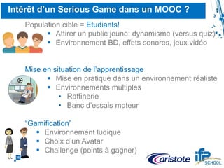 20
Learning Tool Interoperability®
Identifiant étudiant
Avatar
Nombre de tentatives
Lancement jeu
Standard LTI®
Scores
Avatar
Nombre de tentatives
APPLMS
“Tools consumers” “Tools providers”
Serveur tiers
Serious Game
Mini-jeux
Plateforme LMS
Designer APPAdministrateur
plateforme
MOOCers
 
