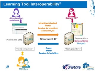 23
Impact du Serious Game – Analyse des données
 Définition de 2 groupes
 Apprenants qui trouvent que le SG est l’activité la
plus intéressante du MOOC SG group (39%)
 Les autres apprenants Not SG group (61%)
 Résultats
 Pas de différence entre professionnels et
étudiants.
 Pas de différence d'âge entre les 2 groupes.
 Groupe SG est plus
satisfait du MOOC.
 Groupe SG obtient
globalement de meilleurs
scores
 Un outil de motivation.
 