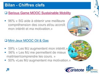 LMS - MOOC
28
Sustainable
Mobility MOOC
LMS - IFP SCHOOL
IFP School
DIPLOMA
CERTIFICATE OF
COMPLETION
RESSOURCES
• Videos
• Quiz
• Peer to peer
• Serious Game
 
