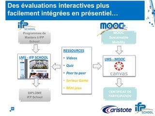 30
Bibliographie / Sitographie
 JORDAN K (2014). Initial trends in enrolment and completion of massive open online courses.
International Review of Research in Open and Distance Learning, 15(1) pp. 133–160. Disponible sur
http://www.irrodl.org/index.php/irrodl/article/view/1651/0
 THIROUARD, BERNAERT, DHORNE, BIANCHI, PIDOL, CREPON, PETIT, eMOOC 2015
Conference, Mons, Juin 2015, “Learning by doing: Integrating a serious game in a MOOC to promote
new skills”. Disponible sur http://api-learning.com/blog/wp-content/uploads/2015/08/MOOC-SG-
eMOOCS2015.pdf
 BERNAERT O., DHORNE, CREPON, 43 annual SEFI Conférence, Orléans, 07/2015,”MOOC and
Serious Game. An Educational Approach on Transfer and Action.” Disponible sur:
http://www.sefi.be/conference-2015/CHAP%2023.%20Open%20and%20distance%20learning%20-
%20MOOCS/56077.%20O.BERNAERT.pdf
 SICSIC J, Rencontres Bretonnes des TICE et du e-learning, Rennes, Juin 2015. Activités enrichies
dans un MOOC (Cas d’étude). Disponible sur http://www.savoirsenligne.com/video?v=v45576966bea5a0
 IFPEN, Espace Découverte [en ligne], maj 07/2015, « IFP School lance une deuxième session de
son MOOC sur la mobilité durable ... et vous propose de le découvrir en avant-première ! », consulté
09/2015. Disponible sur: http://www.ifpenergiesnouvelles.fr/Espace-Decouverte/Tous-les-Zooms/IFP-School-
lance-une-deuxieme-session-de-son-MOOC-sur-la-mobilite-durable-et-vous-propose-de-le-decouvrir-en-avant-
premiere
O. Bernaert – MOOC Evolutions, Innovations & Perspectives - Aristote – 09/2015
 
