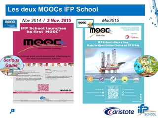 Achievements : completion rate
8
Nov 2014 / 2 Nov. 2015 Mai2015
Les deux MOOCs IFP School
Serious
Game
Mini
Jeux
 