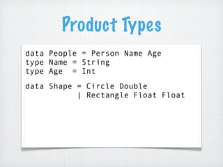 Product Types
data People = Person Name Age
type Name = String
type Age = Int
data Shape = Circle Double
           | Rect...