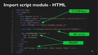 14
Import script module - HTML
引入外部 library
輸入 api key
開始使用
 