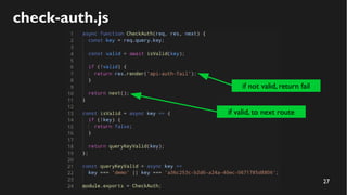 27
check-auth.js
if not valid, return fail
if valid, to next route
 
