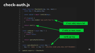 28
check-auth.js
verify api key
if not valid, return fail
if valid, to next route
 