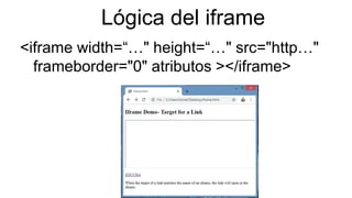 Lógica del iframe
<iframe width=“…" height=“…" src="http…"
frameborder="0" atributos ></iframe>
 