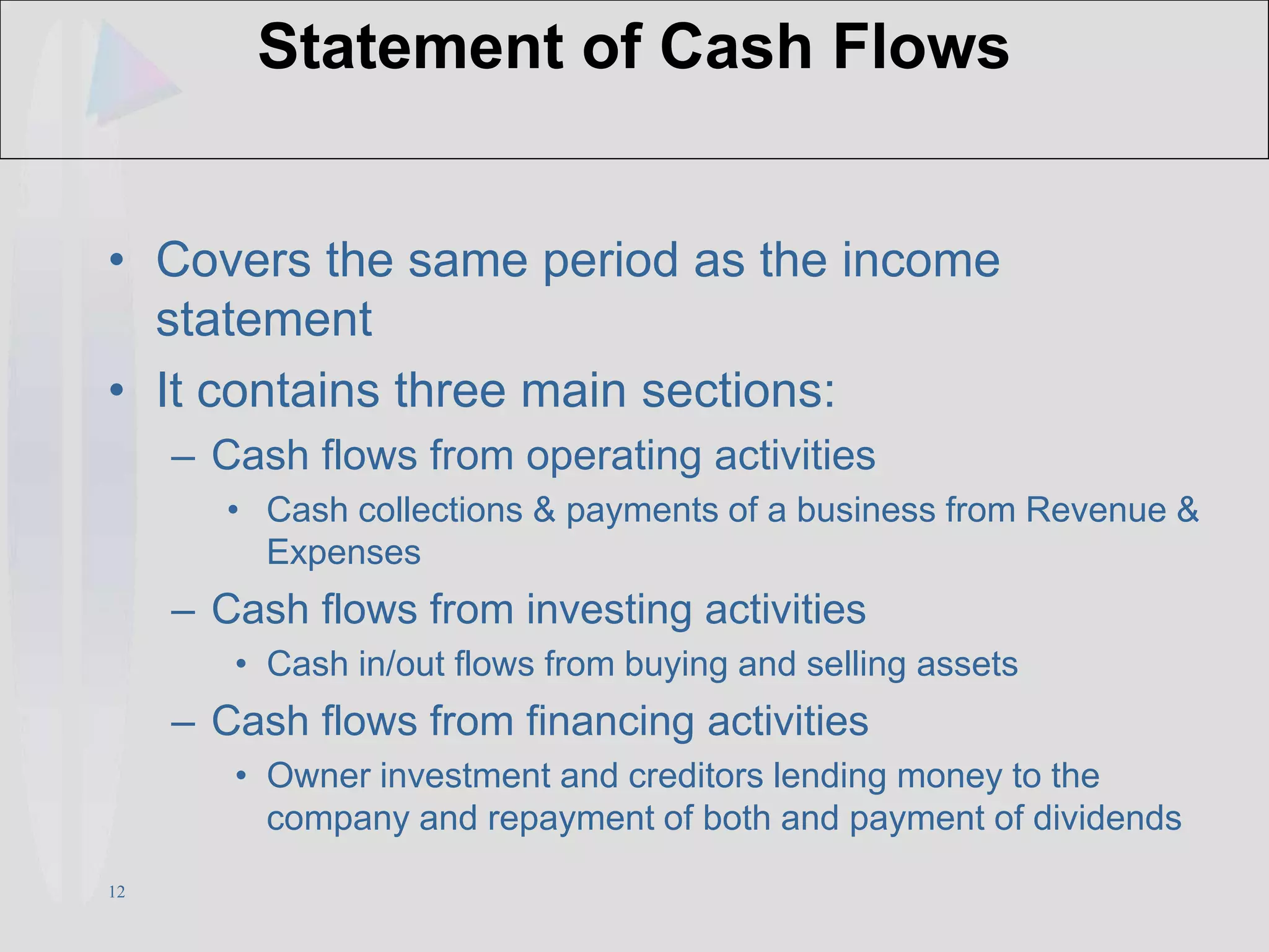 12
Statement of Cash Flows
• Covers the same period as the income
statement
• It contains three main sections:
– Cash flows from operating activities
• Cash collections & payments of a business from Revenue &
Expenses
– Cash flows from investing activities
• Cash in/out flows from buying and selling assets
– Cash flows from financing activities
• Owner investment and creditors lending money to the
company and repayment of both and payment of dividends
 