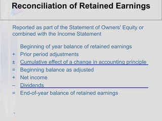 9
Reconciliation of Retained Earnings
Beginning of year balance of retained earnings
+ Prior period adjustments
± Cumulative effect of a change in accounting principle
= Beginning balance as adjusted
+ Net income
– Dividends
= End-of-year balance of retained earnings
Reported as part of the Statement of Owners' Equity or
combined with the Income Statement
 