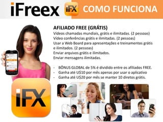 AFILIADO FREE (GRÁTIS)
Vídeos chamadas mundiais, grátis e ilimitadas. (2 pessoas)
Vídeo conferências grátis e ilimitadas. (2 pessoas)
Usar a Web Board para apresentações e treinamentos grátis
e ilimitados. (2 pessoas)
Enviar arquivos grátis e ilimitados.
Enviar mensagens ilimitadas.
- BÔNUS GLOBAL de 5% é dividido entre os afiliados FREE.
- Ganha até U$10 por mês apenas por usar o aplicativo
- Ganha até U$20 por mês se manter 10 diretos grátis.
COMO FUNCIONA
 