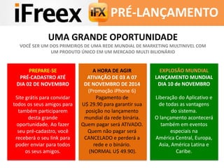 PRÉ-LANÇAMENTO 
UMA GRANDE OPORTUNIDADE 
VOCÊ SER UM DOS PRIMEIROS DE UMA REDE MUNDIAL DE MARKETING MULTINIVEL COM 
PREPARE-SE 
PRÉ-CADASTRO ATÉ 
DIA 02 DE NOVEMBRO 
Site grátis para convidar 
todos os seus amigos para 
também participarem 
desta grande 
oportunidade. Ao fazer 
seu pré-cadastro, você 
receberá o seu link para 
poder enviar para todos 
os seus amigos. 
A HORA DE AGIR 
ATIVAÇÃO DE 03 A 07 
DE NOVEMBRO DE 2014 
(Promoção iPhone 6) 
Pagamento de 
U$ 29.90 para garantir sua 
posição no lançamento 
mundial da rede binária. 
Quem pagar será ATIVADO. 
Quem não pagar será 
CANCELADO e perderá a 
rede e o binário. 
(NORMAL U$ 49.90). 
EXPLOSÃO MUNDIAL 
LANÇAMENTO MUNDIAL 
DIA 10 de NOVEMBRO 
Liberação do Aplicativo e 
de todas as vantagens 
do sistema. 
O lançamento acontecerá 
também em eventos 
especiais na 
América Central, Europa, 
Asia, América Latina e 
Caribe. 
UM PRODUTO ÚNICO EM UM MERCADO MULTI BILIONÁRIO 
 