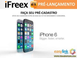 PRÉ-LANÇAMENTO 
FAÇA SEU PRÉ-CADASTRO 
ATIVE SEU CADASTRO ESTRE OS DIAS 03 E 07 DE NOVEMBRO E CONCORRA. 
