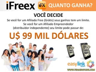 QUANTO GANHA? 
VOCÊ DECIDE 
Se você for um Afiliado Free (Grátis) seus ganhos tem um limite. 
Se você for um Afiliado Empreendedor 
(distribuidor independente) seu limite pode passar de: 
U$ 99 MIL DÓLARES 
 