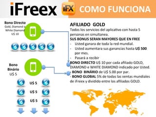 COMO 
FUNCIONA 
AFILIADO 
GOLD 
Todos 
los 
servicios 
del 
aplica>vo 
con 
hasta 
5 
personas 
en 
simultanea. 
SUS 
BONUS 
SERAN 
MAYORES 
QUE 
EN 
FREE 
-­‐ Usted 
ganara 
de 
toda 
la 
red 
mundial. 
-­‐ Usted 
aumentara 
sus 
ganancias 
hasta 
U$ 
500 
por 
mes. 
-­‐ Pasará 
a 
recibir 
BONO 
DIRECTO 
U$ 
10 
por 
cada 
afiliado 
GOLD, 
DIAMOND 
e 
WHITE 
DIAMOND 
indicado 
por 
Usted. 
-­‐ 
BONO 
BINÁRIO 
de 
U$ 
5.00 
por 
par. 
-­‐ 
BONO 
GLOBAL 
5% 
de 
todas 
las 
ventas 
mundiales 
de 
iFreex 
y 
dividido 
entre 
los 
afiliados 
GOLD. 
U$ 
5 
U$ 
5 
U$ 
5 
Bono 
Directo 
Gold, 
Diamond 
o 
White 
Diamond 
U$ 
10 
Bono 
Binário 
U$ 
5 
 