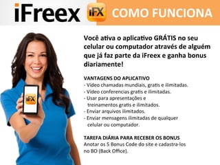 COMO 
FUNCIONA 
Você 
a:va 
o 
aplica:vo 
GRÁTIS 
no 
seu 
celular 
ou 
computador 
através 
de 
alguém 
que 
já 
faz 
parte 
da 
iFreex 
e 
ganha 
bonus 
diariamente! 
VANTAGENS 
DO 
APLICATIVO 
-­‐ 
Vídeo 
chamadas 
mundiais, 
graDs 
e 
ilimitadas. 
-­‐ 
Vídeo 
conferencias 
graDs 
e 
ilimitadas. 
-­‐ 
Usar 
para 
apresentações 
e 
treinamentos 
graDs 
e 
ilimitados. 
-­‐ 
Enviar 
arquivos 
ilimitados. 
-­‐ 
Enviar 
mensagens 
ilimitadas 
de 
qualquer 
celular 
ou 
computador. 
TAREFA 
DIÁRIA 
PARA 
RECEBER 
OS 
BONUS 
Anotar 
os 
5 
Bonus 
Code 
do 
site 
e 
cadastra-­‐los 
no 
BO 
(Back 
Office). 
 