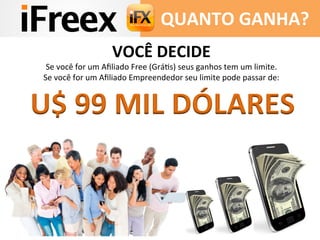 QUANTO 
GANHA? 
VOCÊ 
DECIDE 
Se 
você 
for 
um 
Afiliado 
Free 
(GráDs) 
seus 
ganhos 
tem 
um 
limite. 
Se 
você 
for 
um 
Afiliado 
Empreendedor 
seu 
limite 
pode 
passar 
de: 
U$ 
99 
MIL 
DÓLARES 
 
