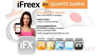 AFILIADO FREE (GRÁTIS)
-Usa o APLICATIVO (2 pessoas)
TAREFA DIÁRIA
- Fazer 5 anúncios diários.
GANHA BONUS GLOBAL
5% do BONUS GLOBAL é dividido
entre os afiliados FREE.
-Limite de ganho de até U$10 por mês. 
QUANTO GANHA
EMPREENDEDOR EMPREENDEDOR
GOLD
EMPREENDEDOR
DIAMOND
EMPREENDEDOR
WHITE DIAMOND
EMPREENDEDOR
BLACK DIAMOND
 