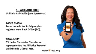 1.- AFILIADO FREE
Utiliza la Aplicación (con 2 personas)
TAREA DIARIA
Toma nota de los 5 códigos y los
registras en el Back Office (BO).
GANANCIAS
5% de las Ganancias Globales se
reparten entre los Afiliados Free con
un límite de U$10 al mes.
www.iFreex.org
 
