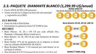 2.3.-PAQUETE DIAMANTE BLANCO (1,299.99 U$/anual)
BONO DIRECTO
Oro 10 U$, Diamante 20 U$, Diamante Blanco 150 U$
Bono Binario 10 U$, 20 U$, 100 U$
▪ Usa la APLICACIÓN (100 personas)
▪ Tomar nota de los 5 códigos de bono del sitio principal
y registrarlos en el (BO).
SUS BONOS
▪ Ganas de toda la Red Global.
▪ Incrementas tus ganancias hasta U$ 25,000 al mes.
RECIBES
▪ Bono Directo: 10, 20 o 150 U$ por cada afiliado Oro,
Diamante o Diamante Blanco traído por ti.
▪ Bono Binario: 10, 20, 100 U$ por cada formación de Binario
en tu red.
▪ Bono Global: 35% de las ganancias de la empresa se divide
entre los afiliados DIAMANTE BLANCO.
▪ Bono Residual Binario: 1 U$ mensual por cada binario en tu
red hasta el infinito
▪ Bono Residual de 0.50 U$ mensual de los niveles 1 al 5 de tu red. www.iFreex.org
 