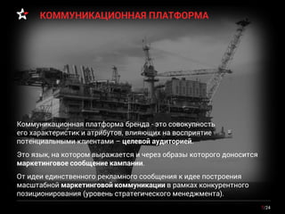 КОММУНИКАЦИОННАЯ ПЛАТФОРМА 
Коммуникационная платформа бренда -это совокупностьего характеристик и атрибутов, влияющих на восприятие потенциальными клиентами –целевой аудиторией. 
Это язык, на котором выражается и через образы которого доносится маркетинговое сообщение кампании. 
От идеи единственного рекламного сообщения к идее построения масштабной маркетинговой коммуникациив рамках конкурентного позиционирования (уровень стратегического менеджмента). 
7/24 
 