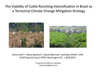 The Viability of Cattle Ranching Intensification in Brazil as a Terrestrial Climate Change Mitigation Strategy  Avery Cohn1,2, Maria Bowman1, David Zilberman1 and Kate O’Neill1 |IFRI-CCAFS Special Issue| IFPRI| Washington D.C. | 8/26/2011  1 University of California, Berkeley 2avery.cohn@gmail.com 
