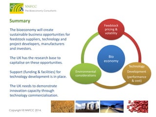 Summary
Feedstock
pricing &
volatility

The bioeconomy will create
sustainable business opportunities for
feedstock suppliers, technology and
project developers, manufacturers
and investors.

Bio
economy

The UK has the research base to
capitalise on these opportunities.

Technology

Support (funding & facilities) for
technology development is in place.

The UK needs to demonstrate
innovation capacity through
technology commercialisation.

Copyright © NNFCC 2014.

Environmental
considerations

Development

(performance
& cost)

 