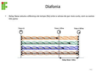 Diafonia
• Delay Skew calcula a diferença de tempo (Ns) entre o atraso do par mais curto, com os outros
três pares
103
 