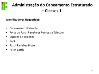 Administração do Cabeamento Estruturado
– Classes 1
78
Identificadores Requeridos:
• Cabeamento Horizontal
• Porta do Patch Panel e os Pontos de Telecom.
• Espaços de Telecom
• Rack
• Patch Panel ou Bloco
• Patch Cords
 