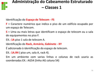 Administração do Cabeamento Estruturado
– Classes 1
79
Identificação do Espaço de Telecom - FS
F = Caractere numérico que indica o piso de um edifício ocupado por
um espaço de Telecom.
S = Uma ou mais letras que identificam o espaço de telecom ou a sala
de equipamentos no piso F.
EX.: 1A piso 1 sala de telecom A.
Identificação do Rack, Armário, Gabinete - XY
É adicionado à identificação do espaço de telecom.
EX.: 1A.R4 ( piso um, sala A, rack 4).
Em um ambiente com varias linhas e colunas de rack usaria as
coordenadas EX.: AG54 (linha AG coluna 54)
 