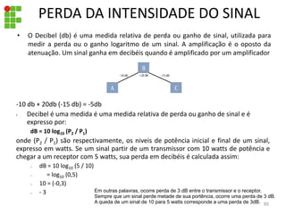 PERDA DA INTENSIDADE DO SINAL
• O Decibel (db) é uma medida relativa de perda ou ganho de sinal, utilizada para
medir a perda ou o ganho logaritmo de um sinal. A amplificação é o oposto da
atenuação. Um sinal ganha em decibéis quando é amplificado por um amplificador
95
-10 db + 20db (-15 db) = -5db
• Decibel é uma medida é uma medida relativa de perda ou ganho de sinal e é
expresso por:
dB = 10 log10 (P2 / P1)
onde (P2 / P1) são respectivamente, os niveis de potência inicial e final de um sinal,
expresso em watts. Se um sinal partir de um transmissor com 10 watts de potência e
chegar a um receptor com 5 watts, sua perda em decibéis é calculada assim:
– dB = 10 log10 (5 / 10)
– = log10 (0,5)
– 10 = (-0,3)
– - 3 Em outras palavras, ocorre perda de 3 dB entre o transmissor e o receptor.
Sempre que um sinal perde metade de sua portência, ocorre uma perda de 3 dB.
A queda de um sinal de 10 para 5 watts corresponde a uma perda de 3dB.
 