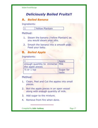 Infant Food Recipe


      Deliciously Boiled Fruits!!
A. Boiled Banana
Ingredients:
  1             Yellow Plantain

Meth...