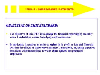 OBJECTIVE OF THIS STANDARD: The objective of this IFRS is to  specify  the financial reporting by an entity when it undertakes a share-based payment transaction. In particular, it requires an entity to  reflect  in its profit or loss and financial position the effects of share-based payment transactions, including expenses associated with transactions in which  share options   are granted to employees. IFRS -2 : SHARE-BASED PAYMENTS 
