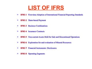 LIST OF IFRS IFRS 1   First-time Adoption of International Financial Reporting Standards IFRS 2   Share-based Payment IFRS 3   Business Combinations IFRS 4   Insurance Contracts IFRS 5   Non-current Assets Held for Sale and Discontinued Operations IFRS 6   Exploration for and evaluation of Mineral Resources IFRS 7   Financial Instruments: Disclosures IFRS 8   Operating Segments 