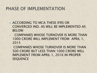  ACCORDING TO MCA THESE IFRS OR
CONVERGED IND. AS WILL BE IMPLEMENTED AS
BELOW:
o COMPANIES WHOSE TURNOVER IS MORE THAN
1000 CRORE WILL IMPLEMENT FROM APRIL 1,
2015
o COMPANIES WHOSE TURNOVER IS MORE THAN
500 CRORE BUT LESS THAN 1000 CRORE WILL
IMPLEMENT FROM APRIL 1, 2016 IN PROPER
SEQUENCE
 