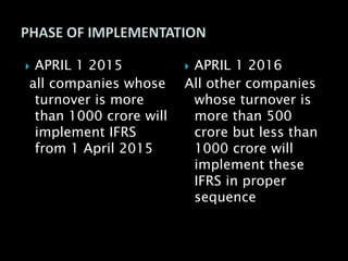  APRIL 1 2015
all companies whose
turnover is more
than 1000 crore will
implement IFRS
from 1 April 2015
 APRIL 1 2016
All other companies
whose turnover is
more than 500
crore but less than
1000 crore will
implement these
IFRS in proper
sequence
 